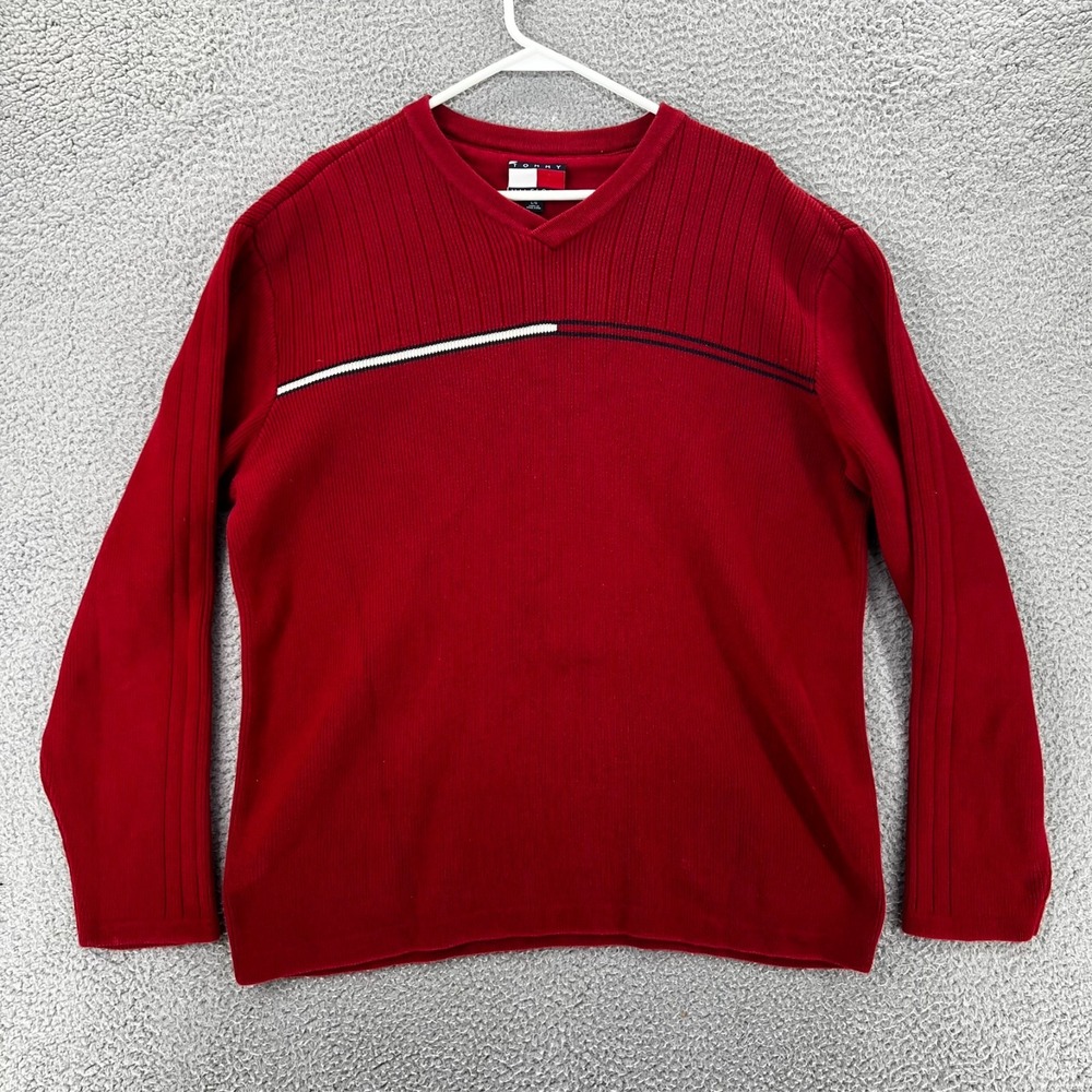 Vintage 90s Tommy Hilfiger Pullover V-neck Ribbed Sweater‎ Red White Blue Stripe